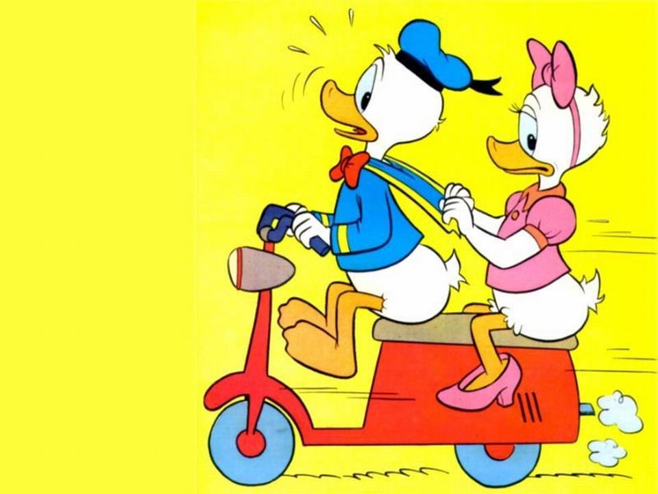 Donald Duck and Daisy on a motorcycle